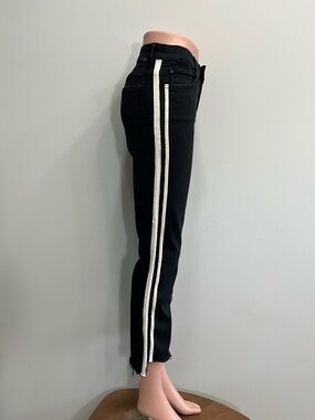MOTHER Insider Crop Step Fray Black Jeans White Side Stripe Size 27